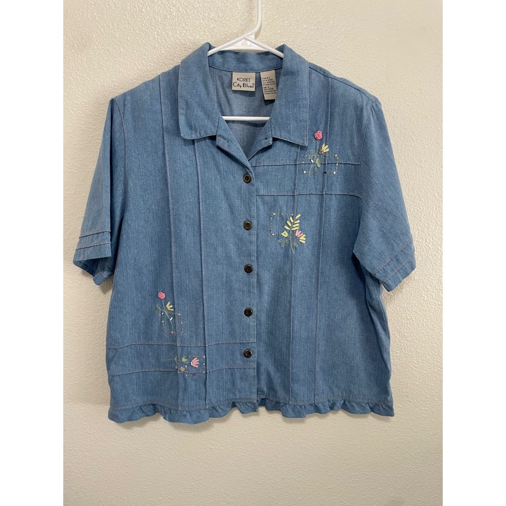 Koret City Blues Shirt Women Large Blue Excellent Floral Embroidered Ruffle Hem